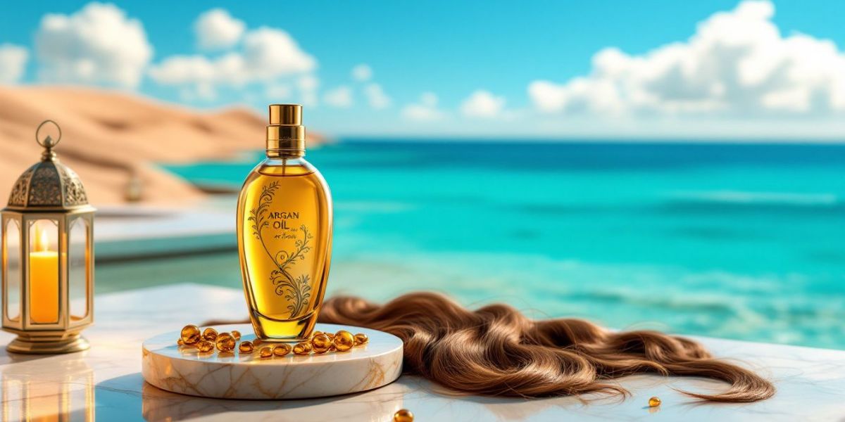 A bottle of argan oil next to healthy, shiny hair.